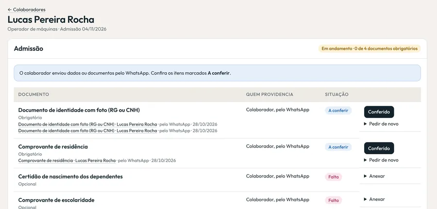 Checklist de admissão no Lucca com os documentos enviados pelo colaborador pelo WhatsApp, a situação de cada um e o botão Conferido