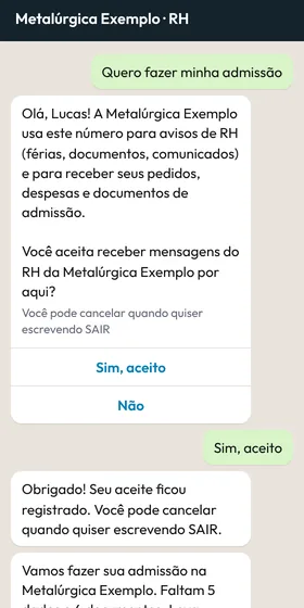 Conversa no WhatsApp em que o colaborador inicia a admissão e aceita receber mensagens do RH