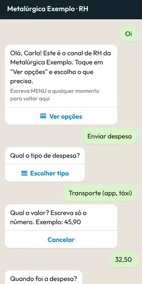 Conversa no WhatsApp em que a colaboradora envia uma despesa de transporte escolhendo o tipo e o valor