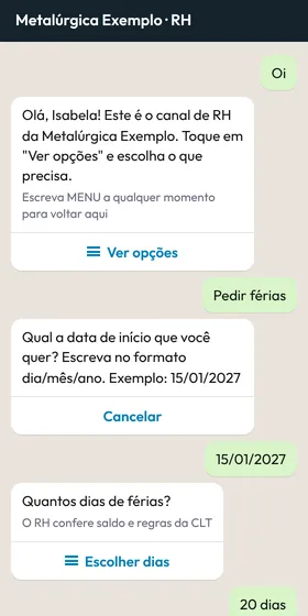 Conversa no WhatsApp em que a colaboradora pede férias informando a data de início e a quantidade de dias